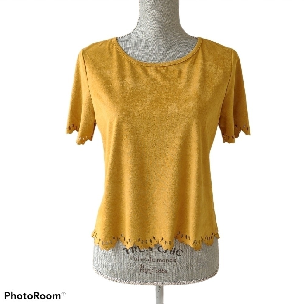 Boutique Western Boho Faux Suede Mustard Yellow Top Shirt Juniors Large - Picture 1 of 7